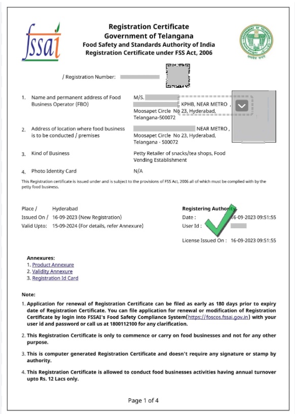 FSSAI Food Safety Registration Certificate sample