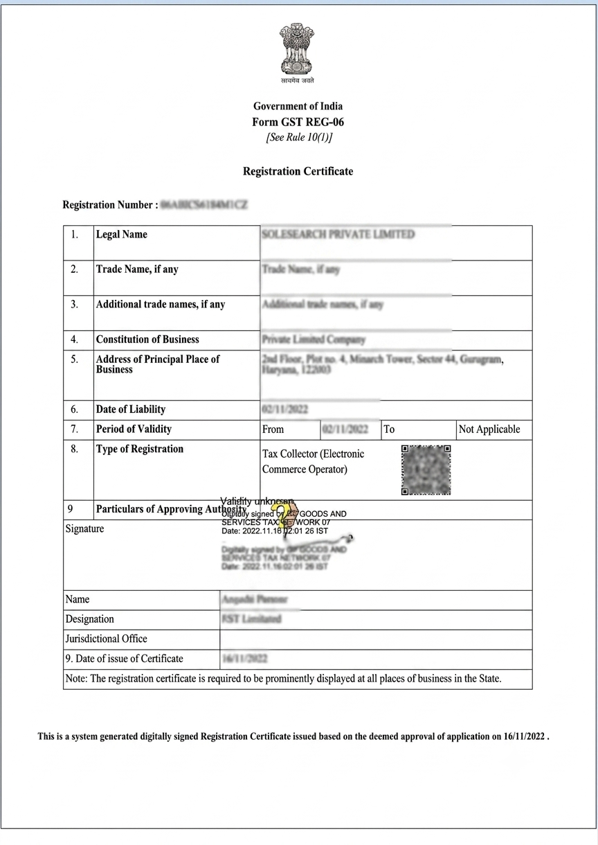 GST Registration Certificate sample