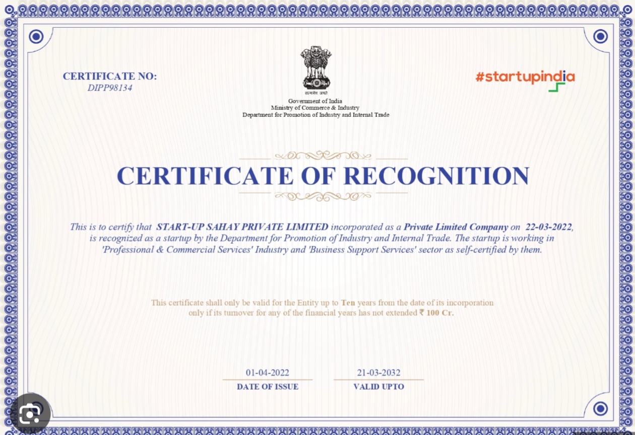 Startup India DPIIT Recognition Certificate sample